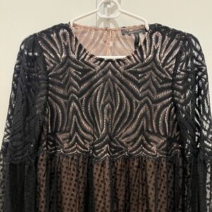 BCBG Maxazria floral lace black mini dress with nude lining